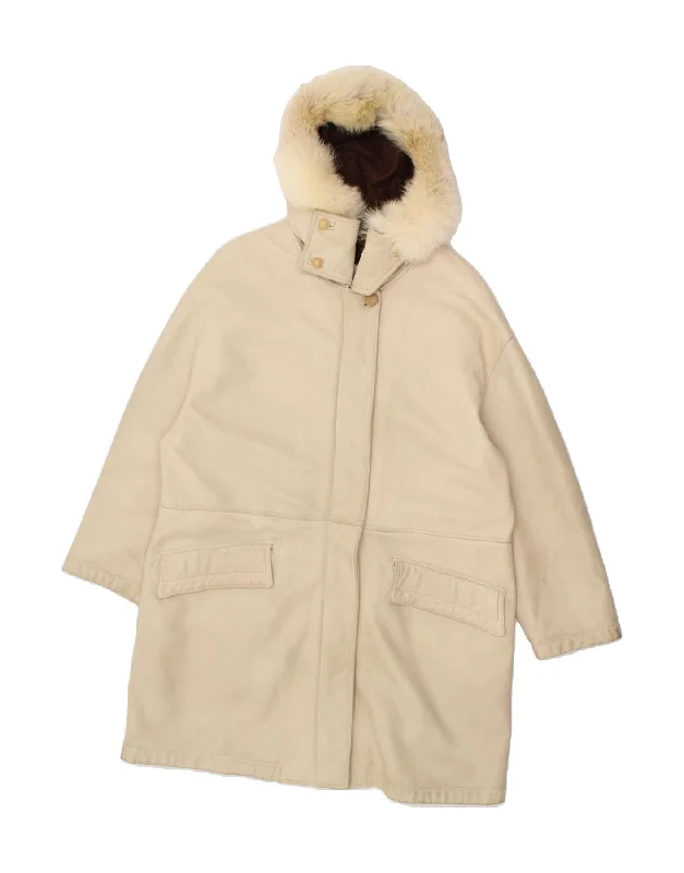 VINTAGE Womens Hooded Leather Coat UK 16 Large Beige Fitted Loose Oversized