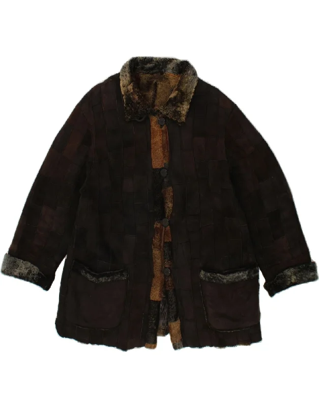 VINTAGE Womens Shearling Coat EU 42 Large Brown Patchwork Shearling Quilted Jacket Anorak Windbreaker VINTAGE Womens Shearling Coat EU 42 Large Brown Patchwork Shearling Quilted Jacket Anorak Windbreaker