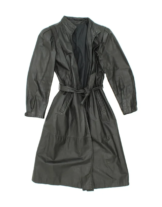 VINTAGE Womens Leather Coat UK 12 Medium Black Turtleneck Jacket Crew Neck Jacket V-Neck Jacket