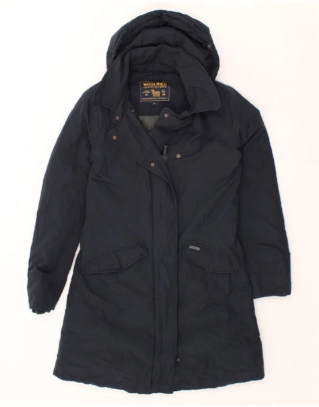 WOOLRICH Womens Hooded Padded Coat UK 14 Medium Navy Blue Cotton Front Pockets Side Pockets Patch Pockets WOOLRICH Womens Hooded Padded Coat UK 14 Medium Navy Blue Cotton Front Pockets Side Pockets Patch Pockets