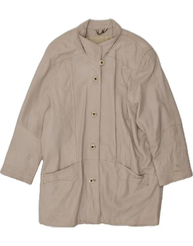 VINTAGE Womens Leather Coat EU 44 XL Beige Leather Print Jacquard Embroidered