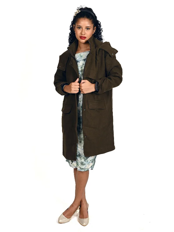Odette Olive Solid Woolen Long Coat For Women Kimono Robe Cloak