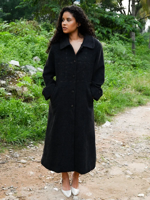 Odette Black Solid Woolen Long Coat For Women Sleeveless Short Sleeve Long Sleeve