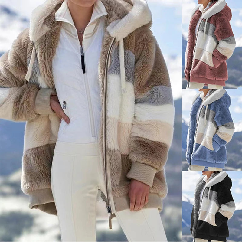Warm Plush Patchwork Coat Zipper Pocket Hooded Autumn Winter Women Clothes Down Puffer Quilted Warm Plush Patchwork Coat Zipper Pocket Hooded Autumn Winter Women Clothes Down Puffer Quilted