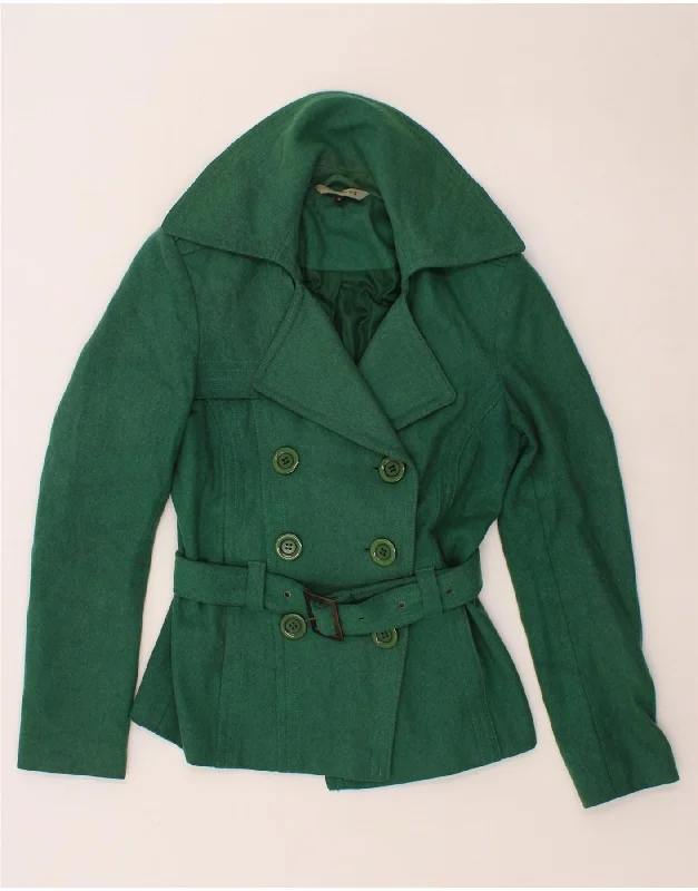 RED HERRING Womens Pea Coat UK 8 Small Green Wool Hook-and-Loop Buckled Tied