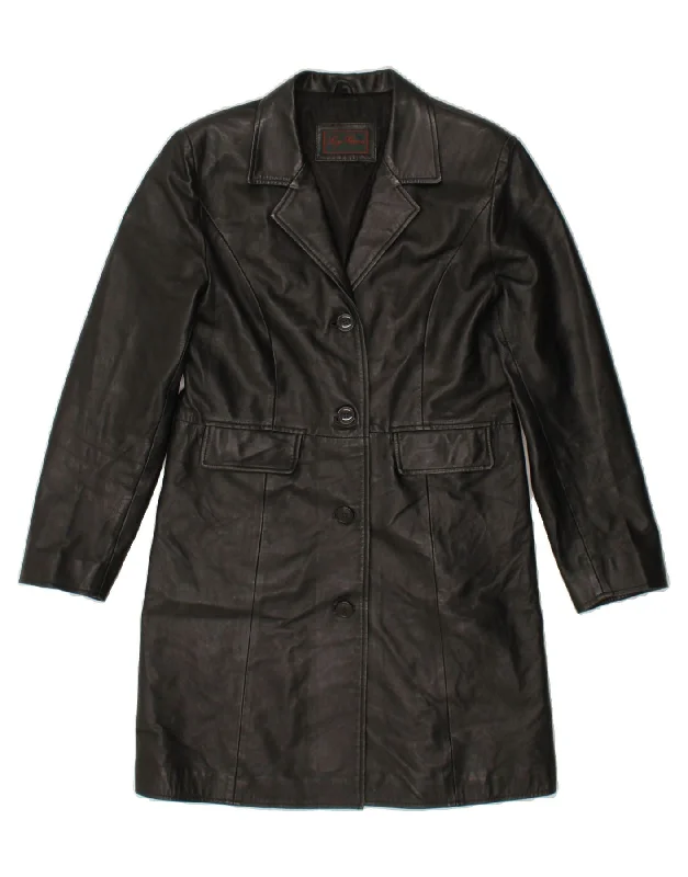VINTAGE Womens Leather Coat UK 12 Medium Black Leather Buttoned Zippered Snapped