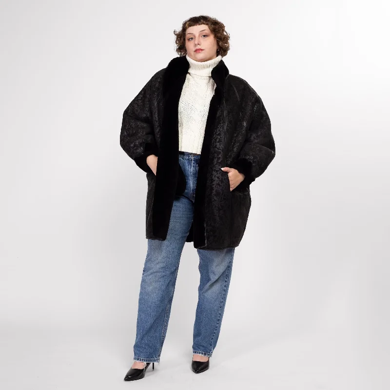 XL 80s Black Embossed Suede & Faux Fur Reversible Coat Zip Front Button Front Snap Front XL 80s Black Embossed Suede & Faux Fur Reversible Coat Zip Front Button Front Snap Front