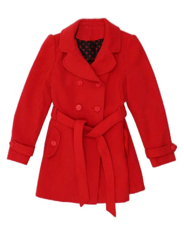 DEBENHAMS Womens Double Breasted Coat UK 14 Medium Red Polyester Denim Leather Suede DEBENHAMS Womens Double Breasted Coat UK 14 Medium Red Polyester Denim Leather Suede