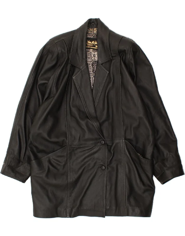 VINTAGE Womens Oversized Leather Coat UK 16 Large Black Stole Shawl Scarf