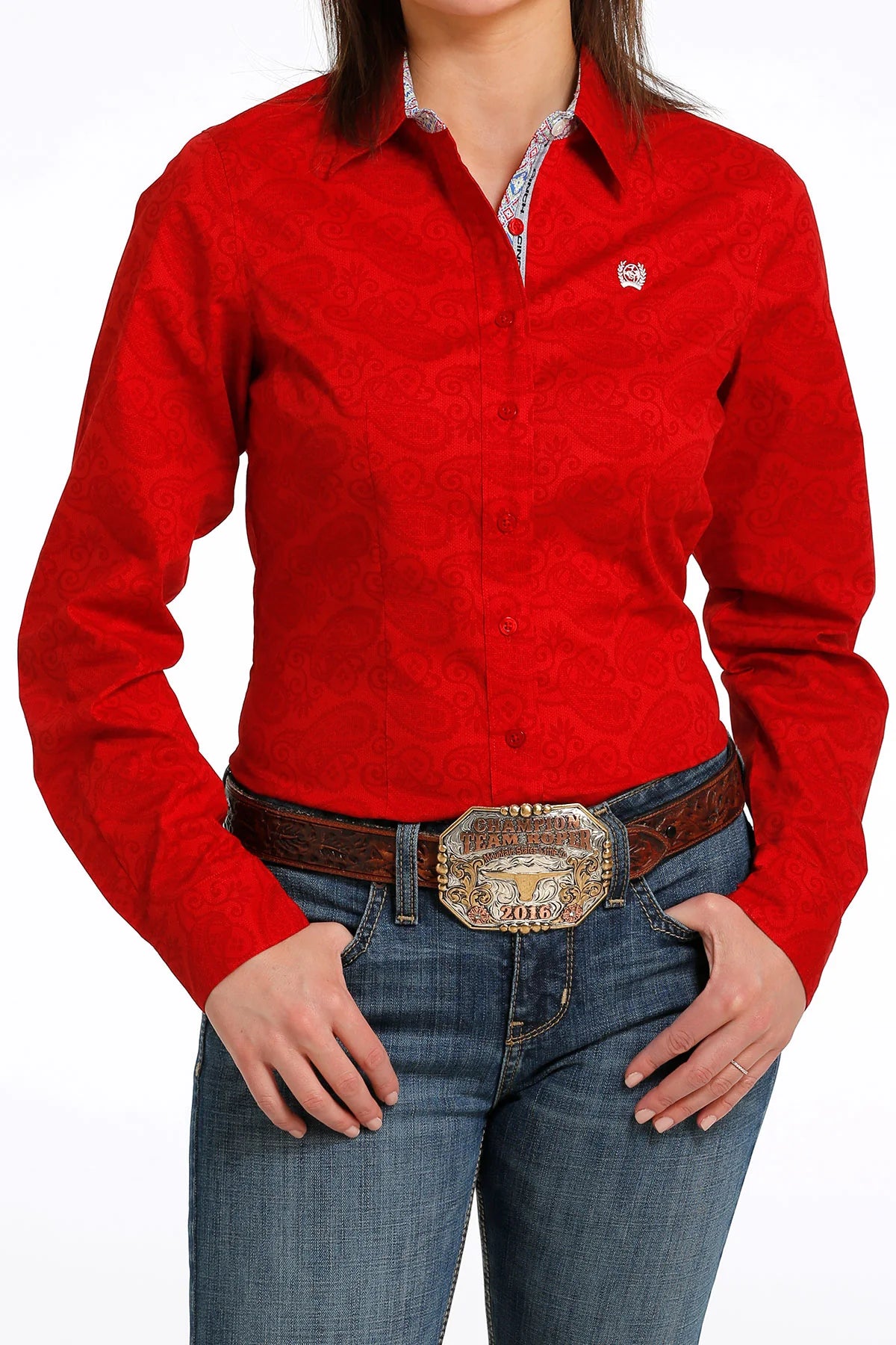 Women's Cinch Red Paisley Button Western Shirt V-Neck T-Shirt Long Sleeve Cotton