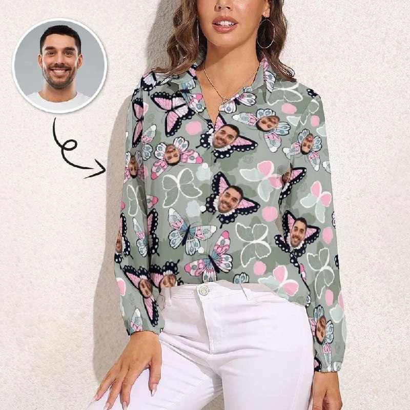 Custom Face Butterfly Vntage Casual Long Sleeve Hawaiian Shirts Spandex Blend Rayon Blend Denim Blend Custom Face Butterfly Vntage Casual Long Sleeve Hawaiian Shirts Spandex Blend Rayon Blend Denim Blend