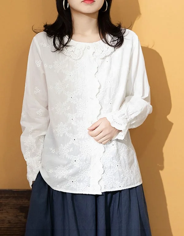 Embroidery Lace Long-sleeved Cotton Shirt Print Jacquard Patchwork