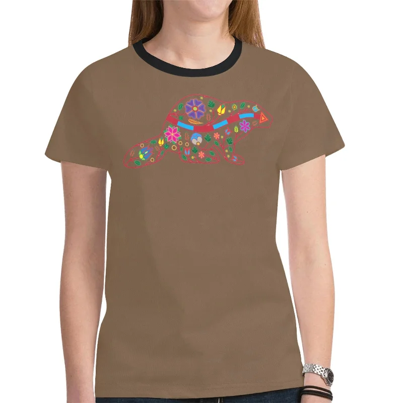 Floral Beaver Spirit Guide (Dark Brown) T-shirt for Women Hooded Caped Shawl Collar