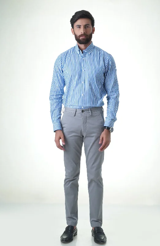 Blue/White Full Sleeves Cotton Shirt Houndstooth Herringbone Solid