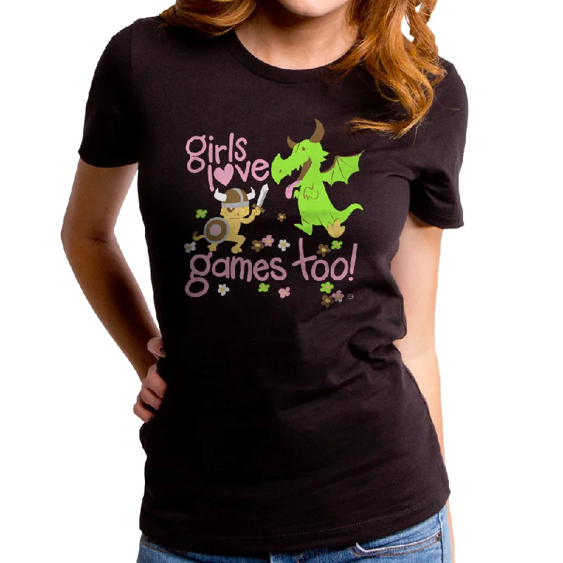 Girls Love Games Too Women's T-Shirt Mesh Blend Leather Blend Suede Blend