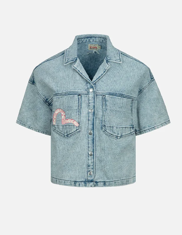 Graffiti Seagull Print Boxy Denim Shirt Oversized T-Shirt Spandex breathable