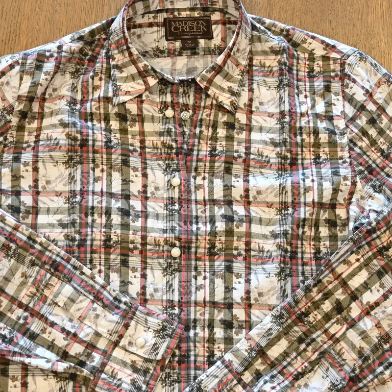 Madison Creek Claire Shirt Olive and Ruby Plaid Striped Floral Plaid