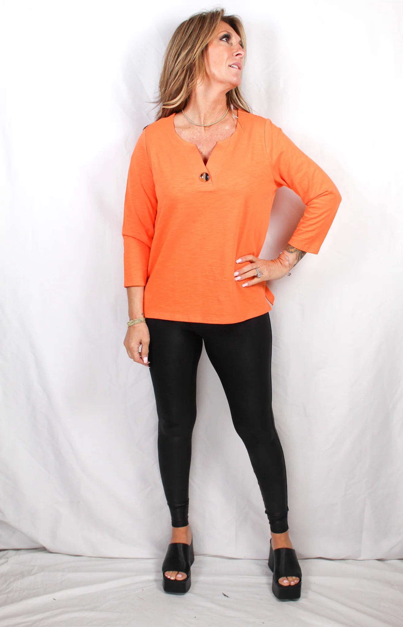 Mandarin - 1 Button 3/4 Sleeve Split Neck Tee Rayon Velvet Corduroy
