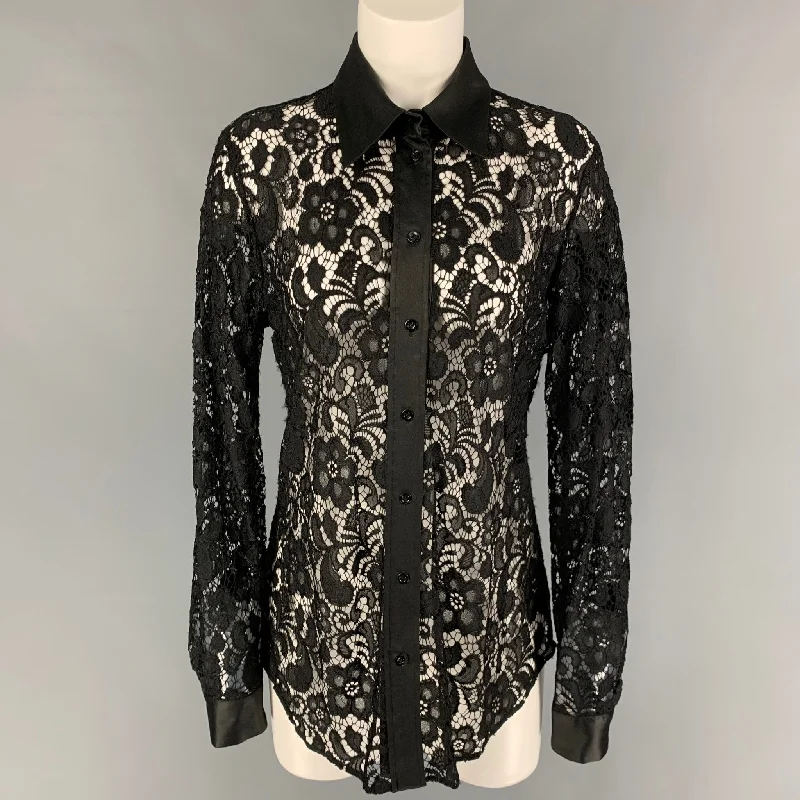MOSCHINO Size 10 Black Polyamide Lace Button Up Shirt Houndstooth Herringbone Solid