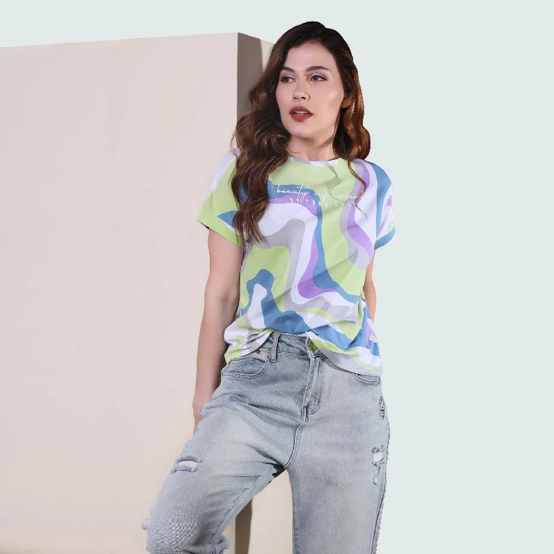 Multicolor Round Neck Ladies T-shirt Embroidered Appliqued Beaded