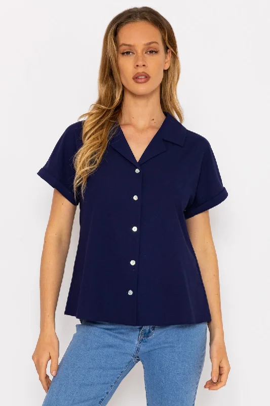 Navy Camp Collar Shirt Iron Safe Non-Iron Wrinkle Free