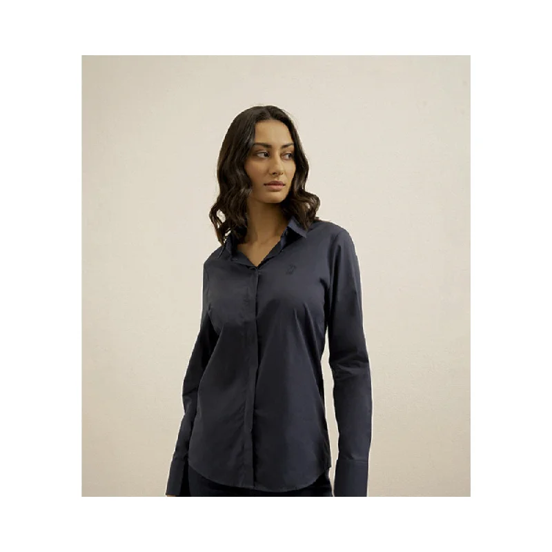 Polo Women Basic Ls Concealed Front Shirt Navy Print Jacquard Patchwork