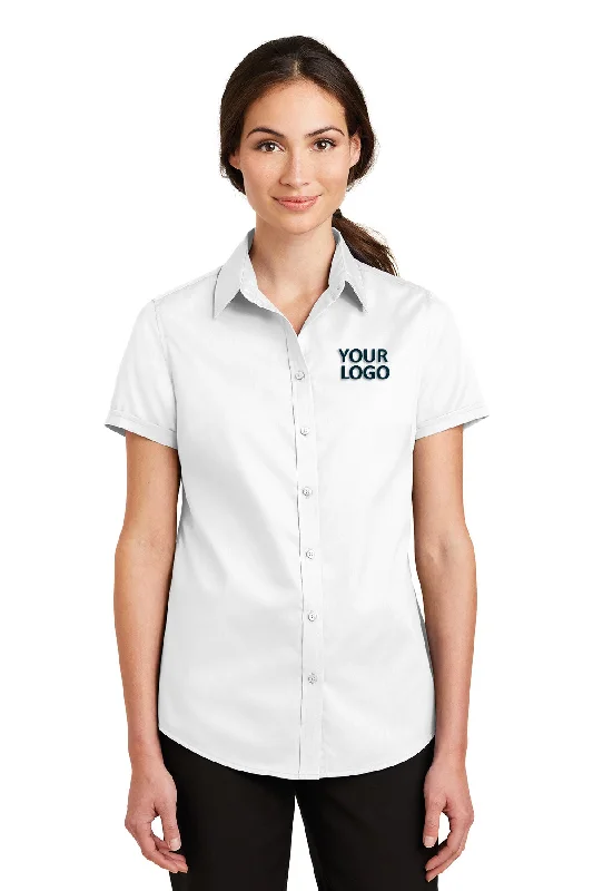 Port Authority Ladies Short Sleeve SuperPro Branded Twill Shirts, White Chenille Blend Fleece Blend Nylon Blend