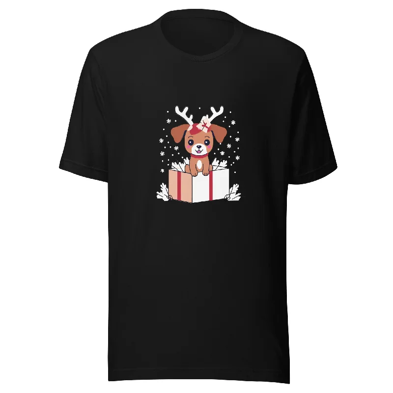 Puppy Present Christmas Graphic Women Staple Eco T-Shirt Print Jacquard Patchwork