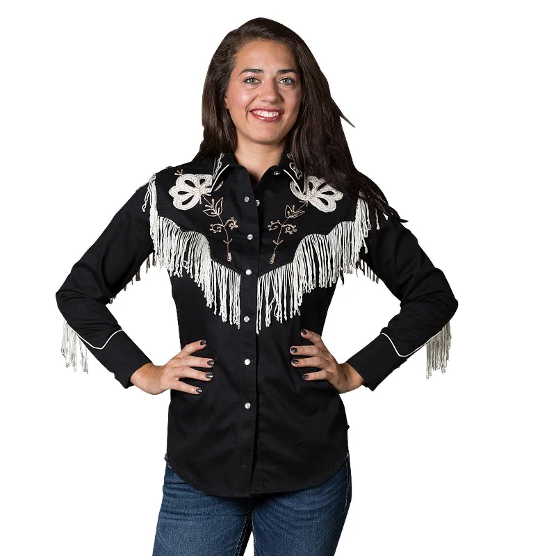Rockmount Ranch Wear Womens Black Fringe Embroidered Western Shirt Knit Fabric Woven Fabric Fleece Fabric Rockmount Ranch Wear Womens Black Fringe Embroidered Western Shirt Knit Fabric Woven Fabric Fleece Fabric