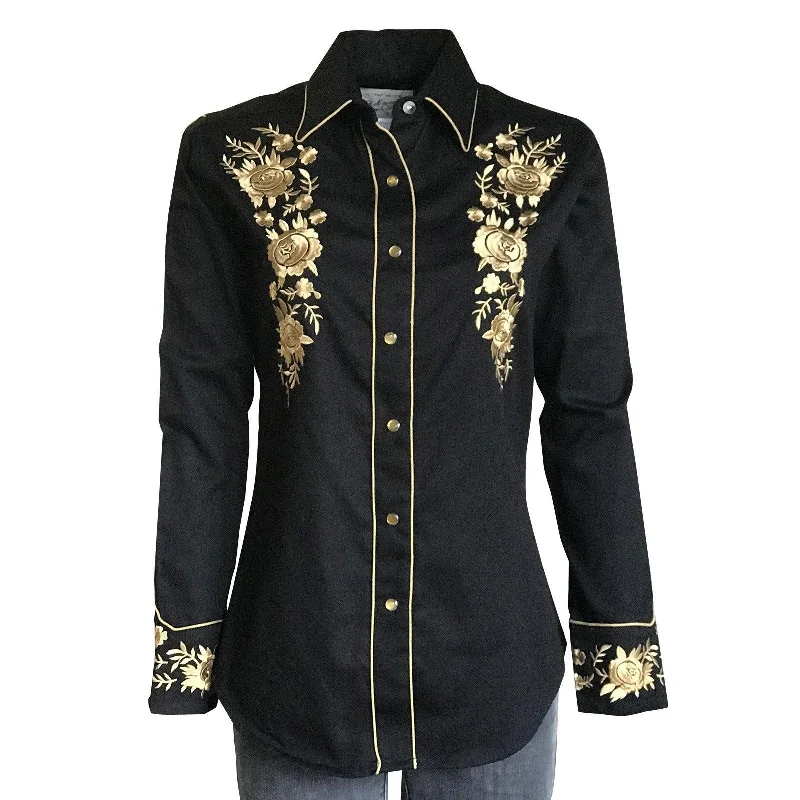 Rockmount Ranch Wear Womens Black Vintage Western Shirt with Gold Embroidery Polka Dot Checkered Tartan