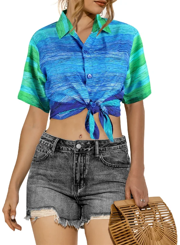 Stylish Blue Striped Hawaiian Shirts For Women Welt Pockets Slit Pockets