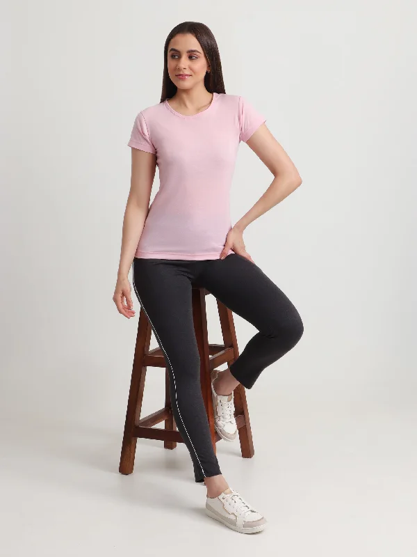 T.T. Women Solid Regular Fit Poly Round Neck Tshirts -Pink Notch Collar Peter Pan Collar Cowl Neck