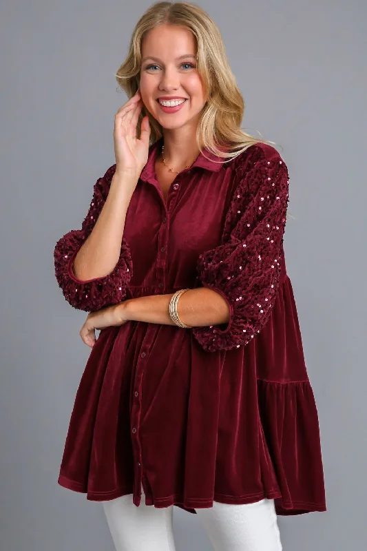 Umgee Sequin Detail Tiered Back Half Sleeve Shirt - Wine Elasticated Padded Insulated Umgee Sequin Detail Tiered Back Half Sleeve Shirt - Wine Elasticated Padded Insulated