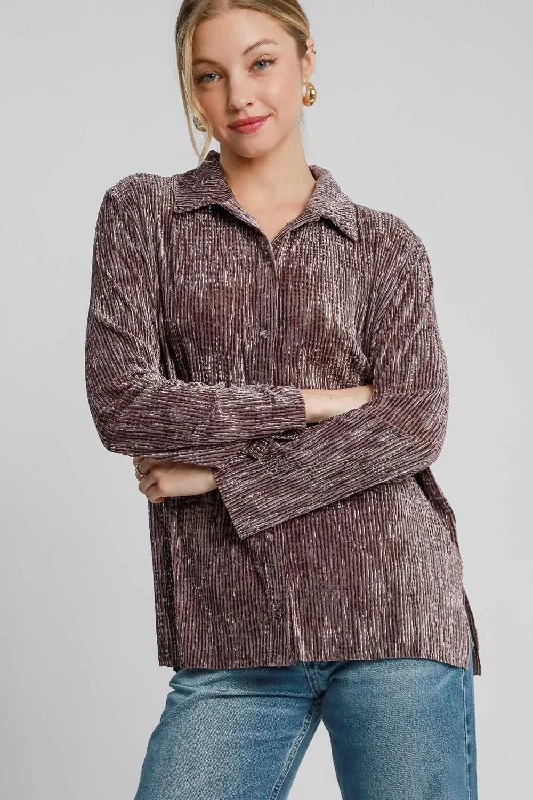 Umgee Side Slit Texture Button Up Shirt - Brown V-Neck T-Shirt Long Sleeve Cotton