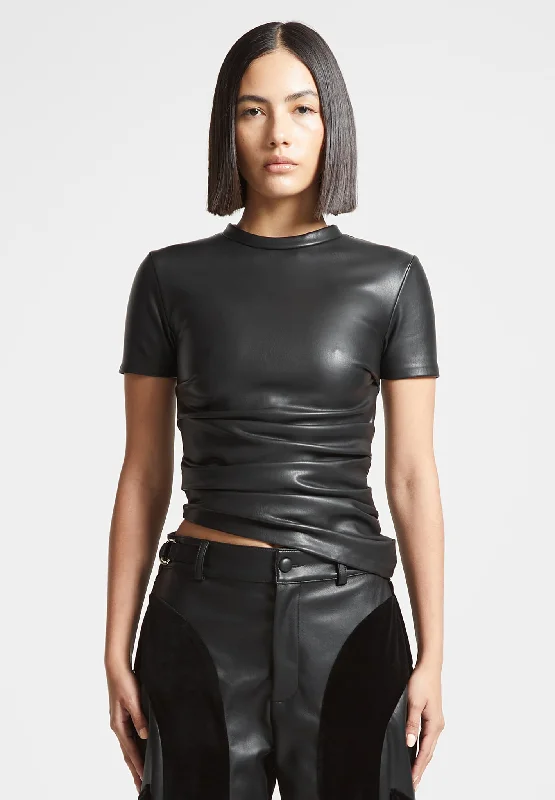 Leather Ruched T-Shirt - Black Mesh Blend Leather Blend Suede Blend