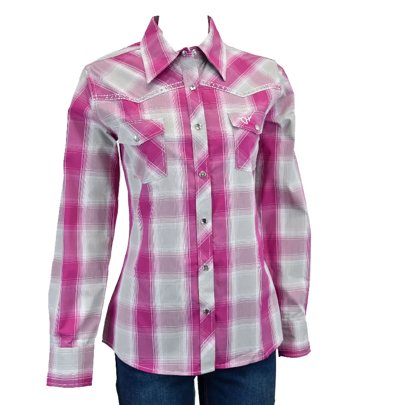 Women's Cowgirl Hardware Pink Hombre Long Sleeve Plaid Western Shirt Denim Fabric Leather Fabric Suede Fabric Women's Cowgirl Hardware Pink Hombre Long Sleeve Plaid Western Shirt Denim Fabric Leather Fabric Suede Fabric