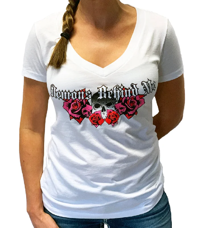 Closeout- Women's Wings & Roses Deep V White T-Shirt Ribbed Striped Patterned