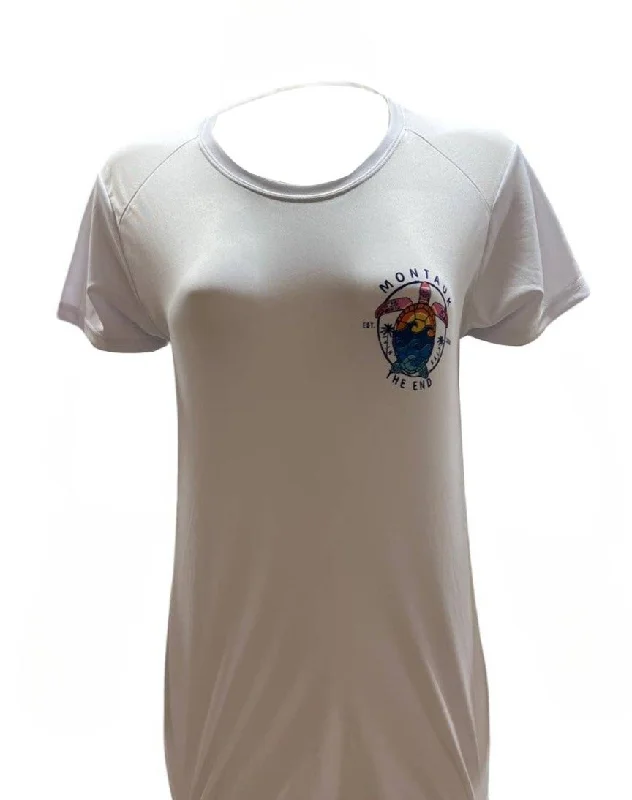 Women's Montauk Surf and Sports Montauk The End DriFit Short Sleeve Tee in White Anti-Pilling Machine Wash Handmade Women's Montauk Surf and Sports Montauk The End DriFit Short Sleeve Tee in White Anti-Pilling Machine Wash Handmade