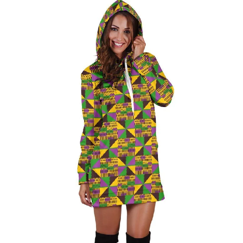 African Kente Pattern Print Women Hoodie Dress