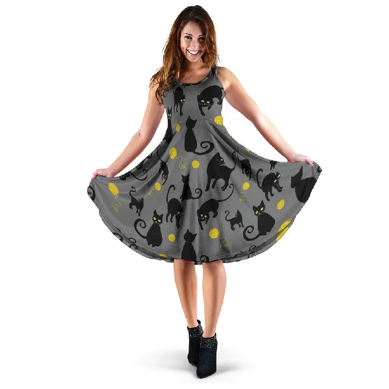 Black Cat Knit Print Dress