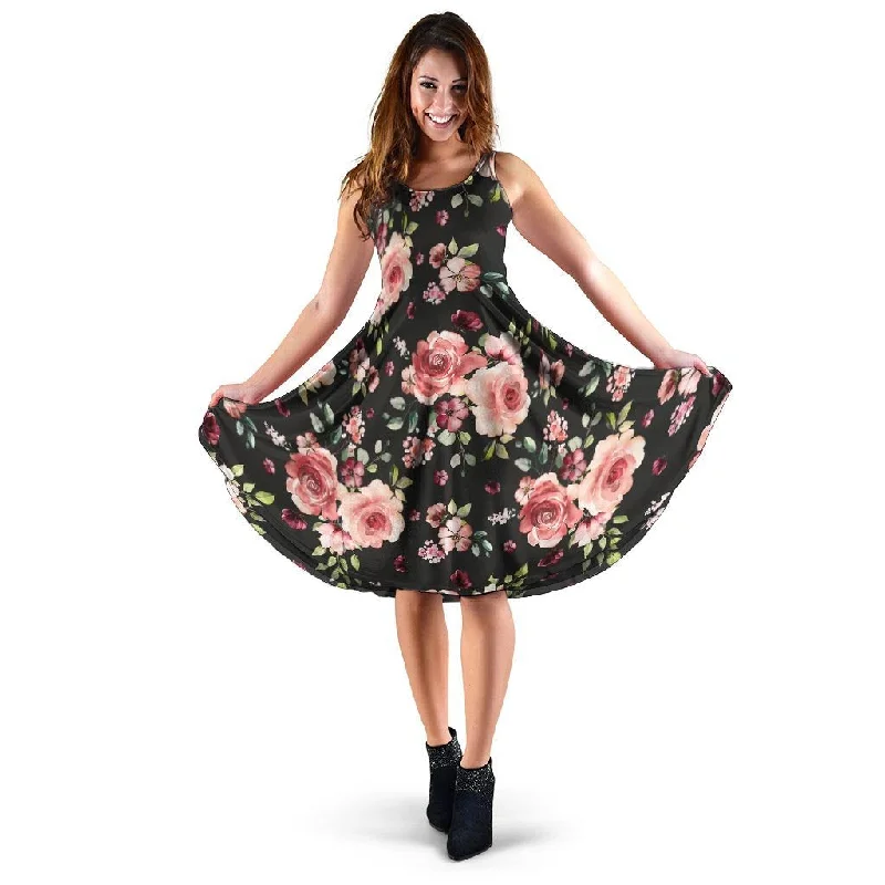 Black Pink Rose Flower Print Dress