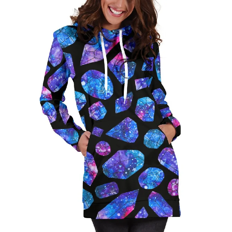 Blue Crystal Cosmic Galaxy Space Print Pullover Hoodie Dress