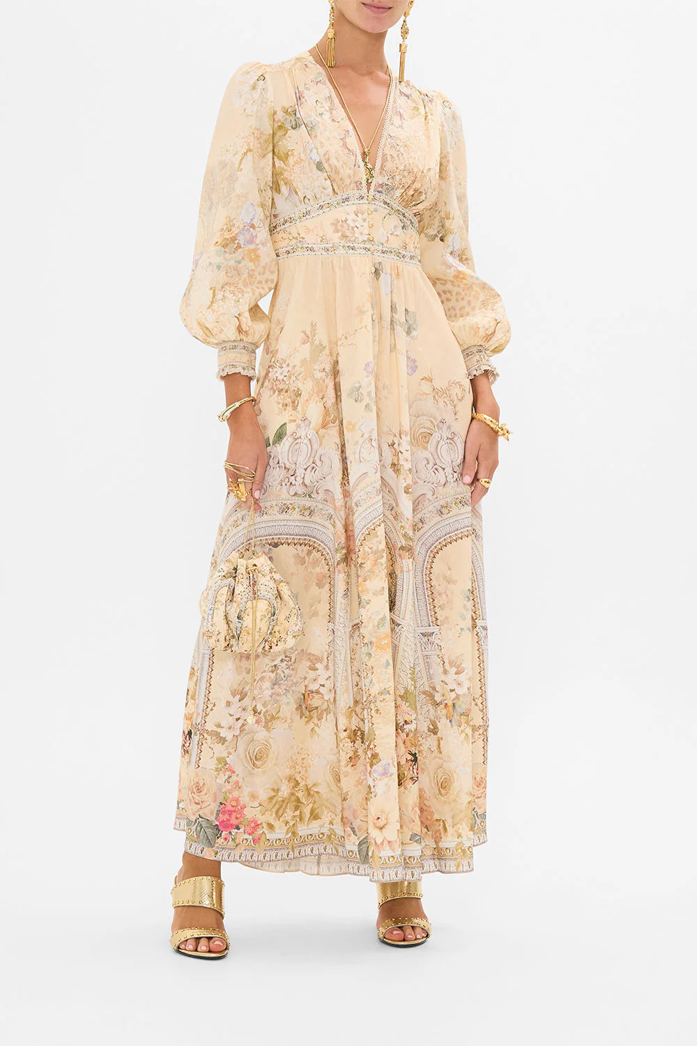 CAMILLA BUTTON DRESS WITH SHAPED WAISTBAND ADORNED IN ANTIQUITY