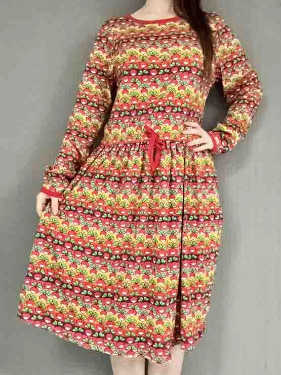 DUNS Adult LS Gathered Dress - Radish Stripe Poppy Red