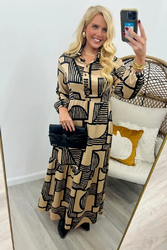 Taupe and Black Geo Printed Dress