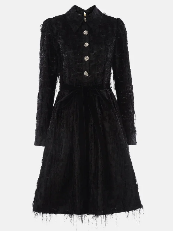 Furry Brocade and Diamonds Buttons Dress in Black