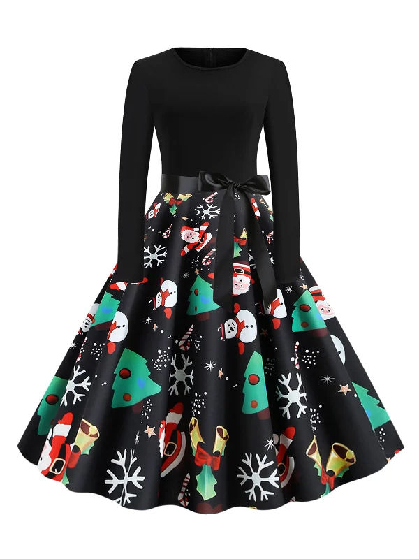 Green 1950s Christmas Print Belted Dress