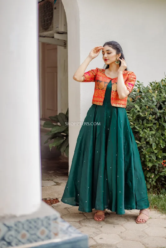 Green Silk Dress with Red Brocade Jacket