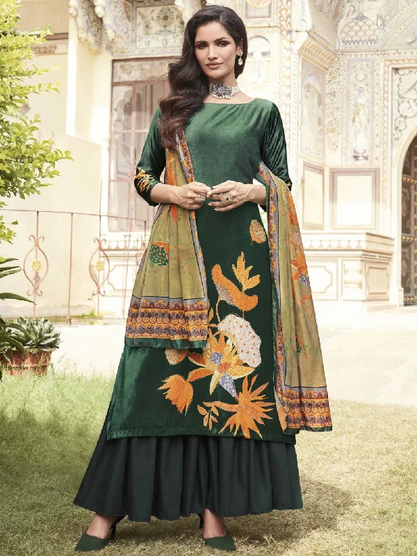 Green Velvet Digital Printed Dress Material