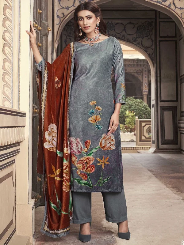 Grey Velvet Digital Printed Dress Material